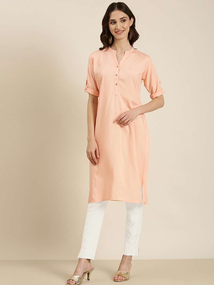 women's peach mandarin neck straight kurta