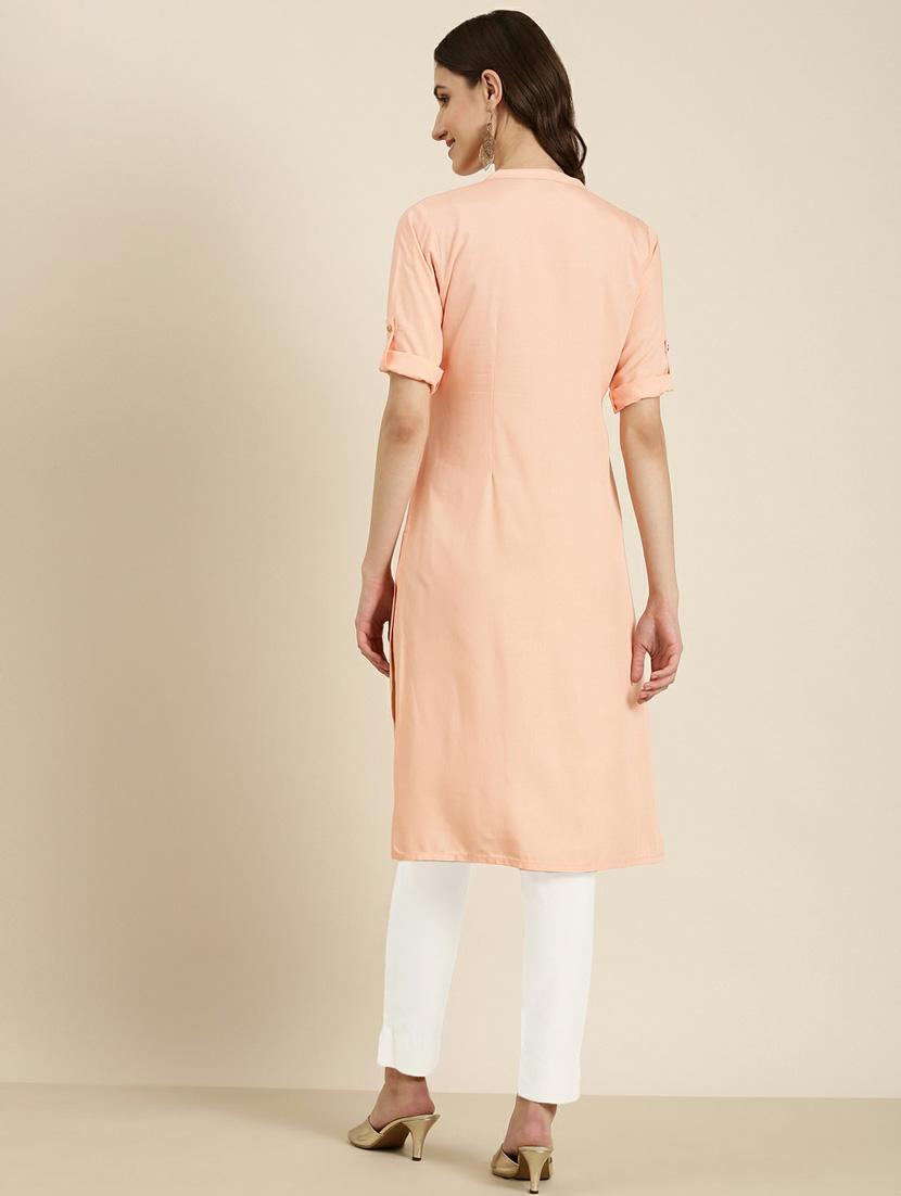 women's peach mandarin neck straight kurta - 20252283 - Standard Image - 2