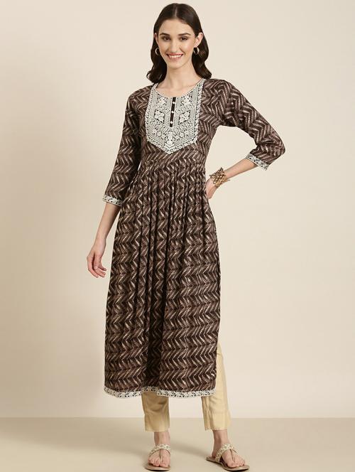 women's brown round neck flared kurta - 20252289 - Standard Image - 0