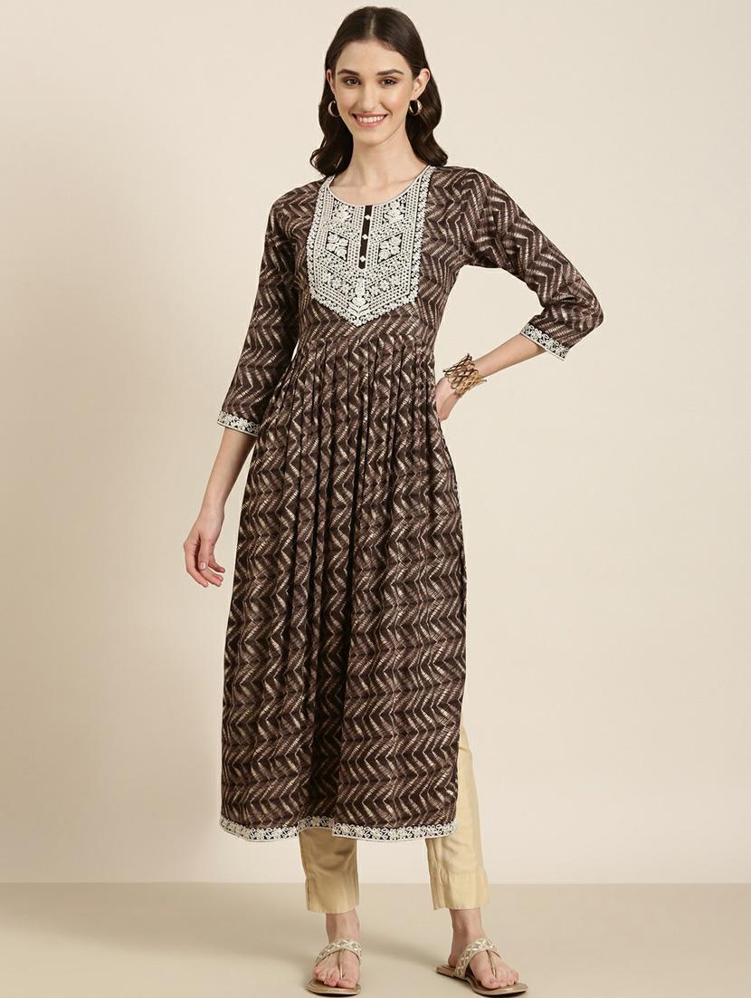 women's brown round neck flared kurta - 20252289 - Zoom Image - 0