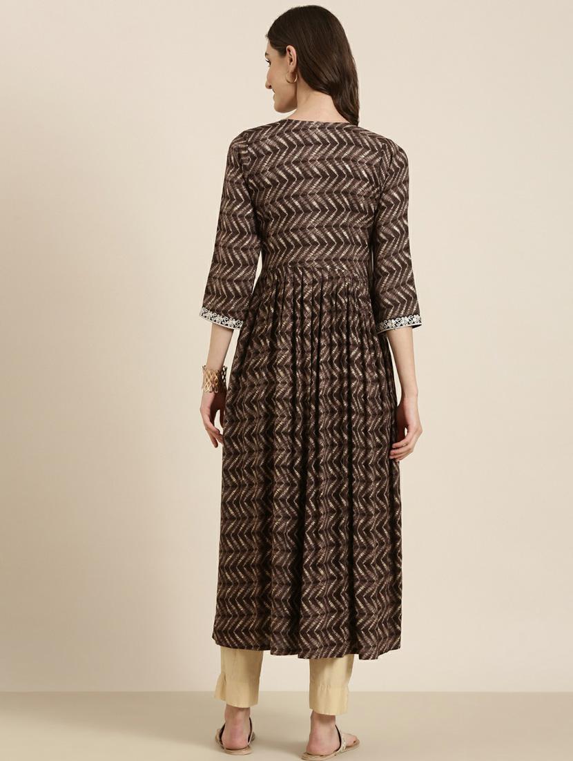 women's brown round neck flared kurta - 20252289 - Standard Image - 2