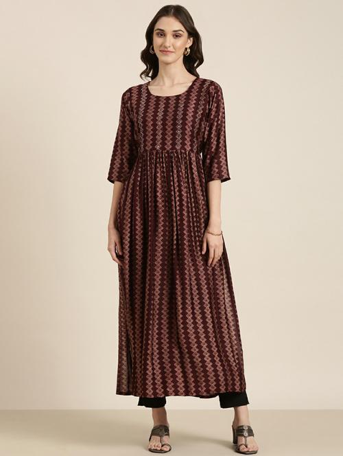 burgundy placement embroidered a-line kurta - 20252323 - Standard Image - 0