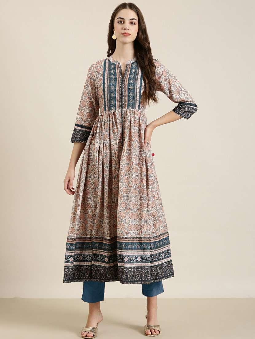 beige floral print flare kurta