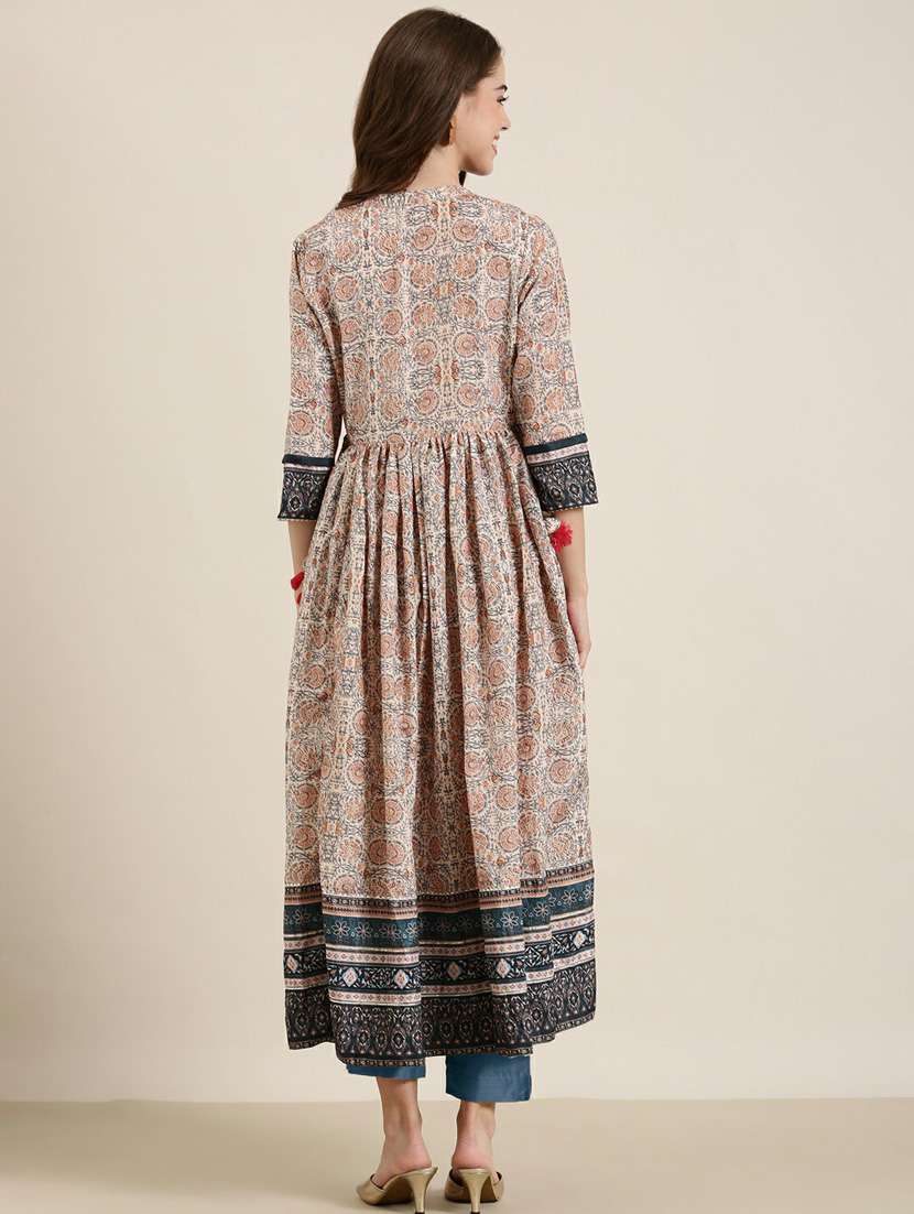beige floral print flare kurta - 20252336 -  Standard Image - 2