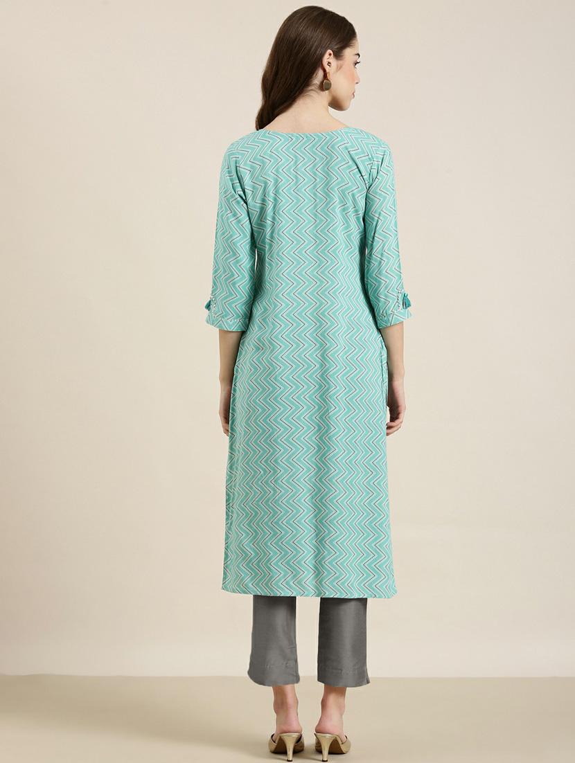 turquoise chevron cotton straight kurta - 20252356 - Standard Image - 2