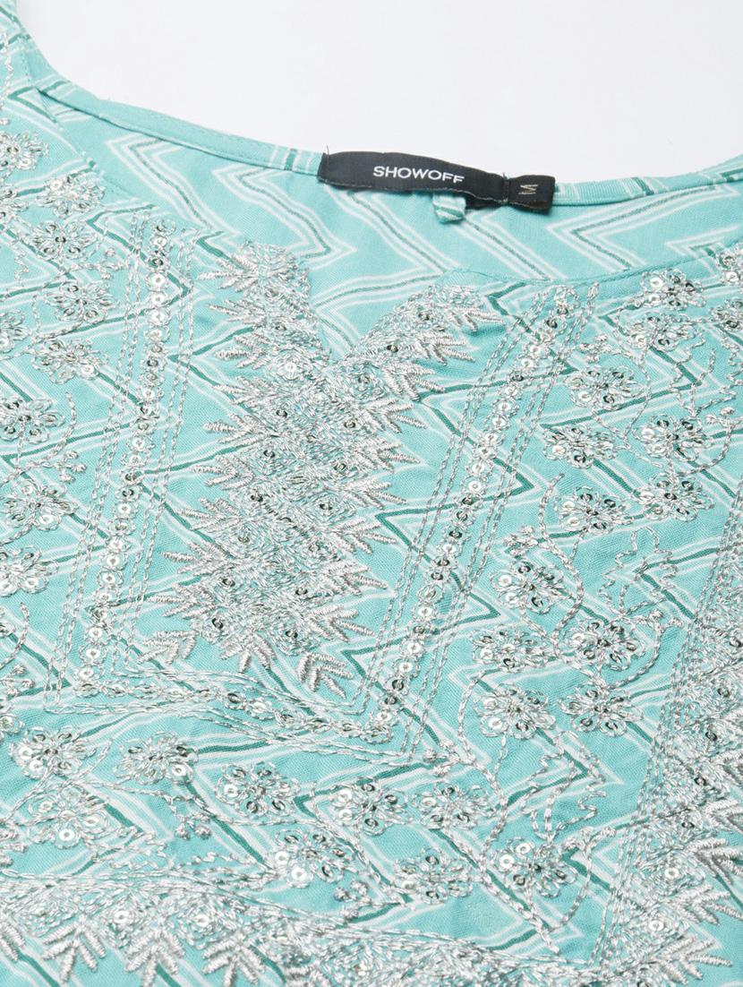 turquoise chevron cotton straight kurta - 20252356 - Standard Image - 7
