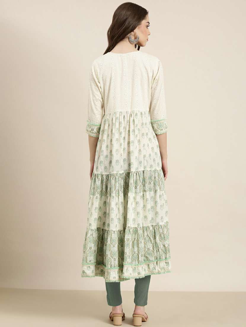 beige block print tiered kurta - 20252387 -  Standard Image - 2