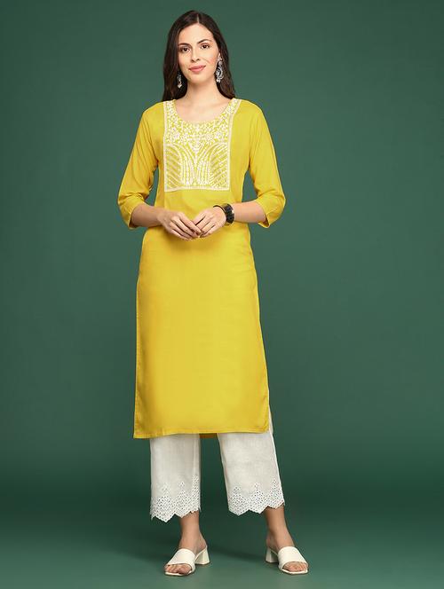 yellow yoke embroidered straight kurta - 20252395 - Standard Image - 0
