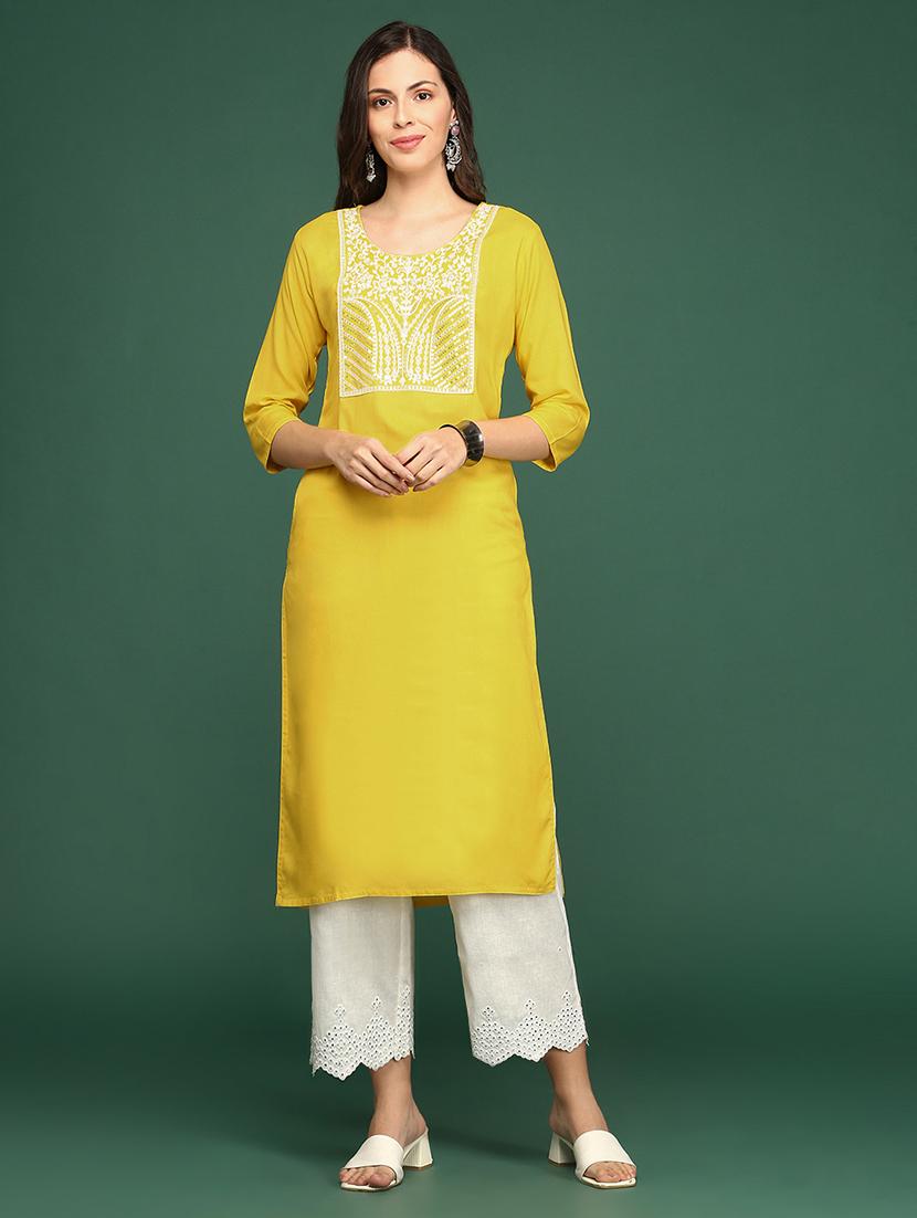 yellow yoke embroidered straight kurta - 20252395 - Zoom Image - 0