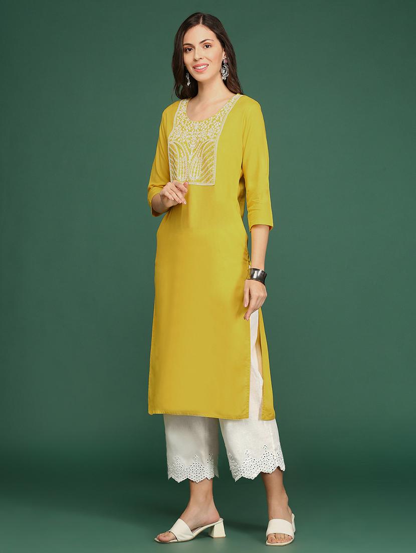 yellow yoke embroidered straight kurta - 20252395 - Standard Image - 2
