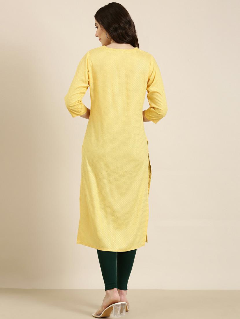 yellow printed cotton straight kurta - 20252396 - Standard Image - 2
