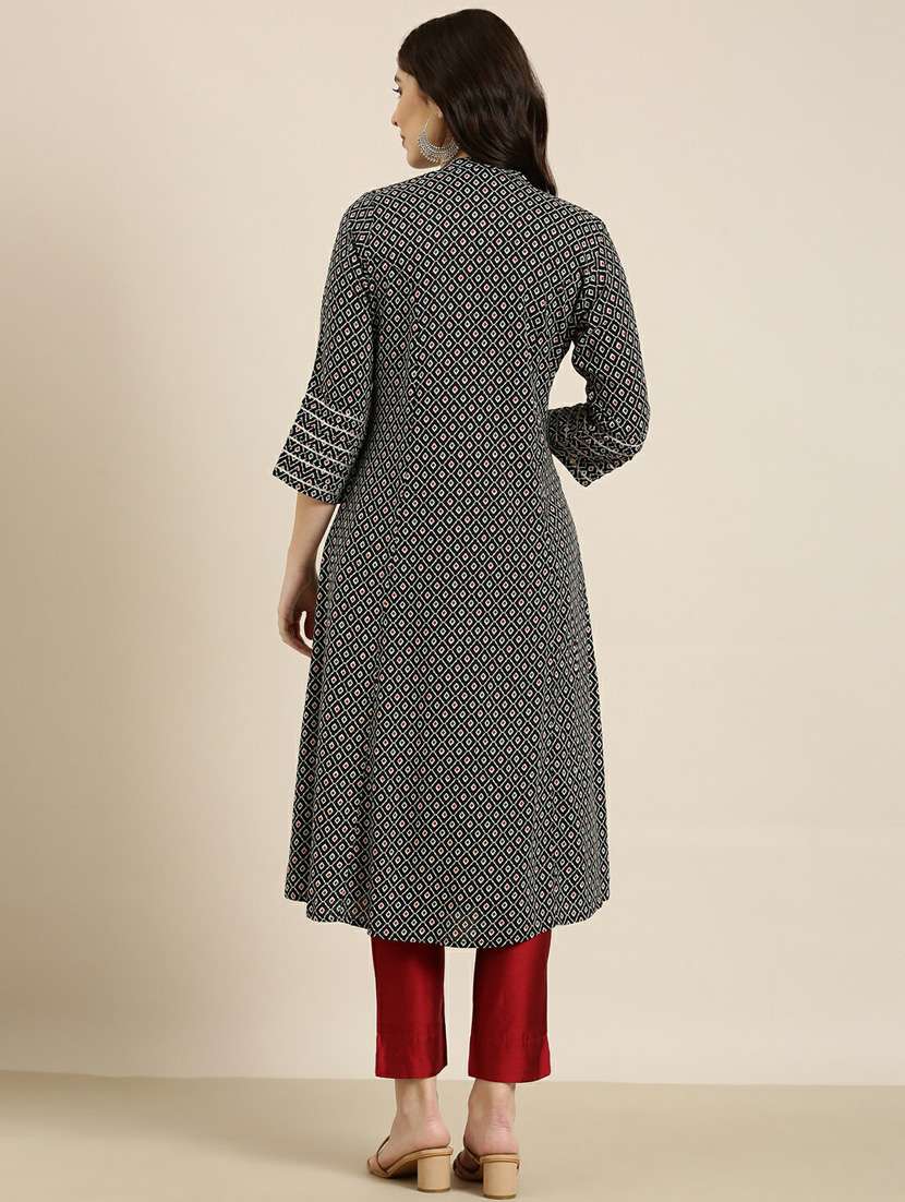 black geometric cotton a-line kurta - 20252418 - Standard Image - 2