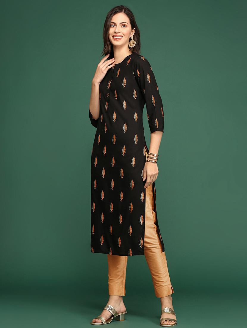 black tropical cotton straight kurta - 20252454 - Standard Image - 2