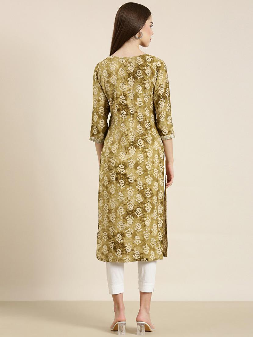 olive cotton straight kurta - 20252462 - Standard Image - 2