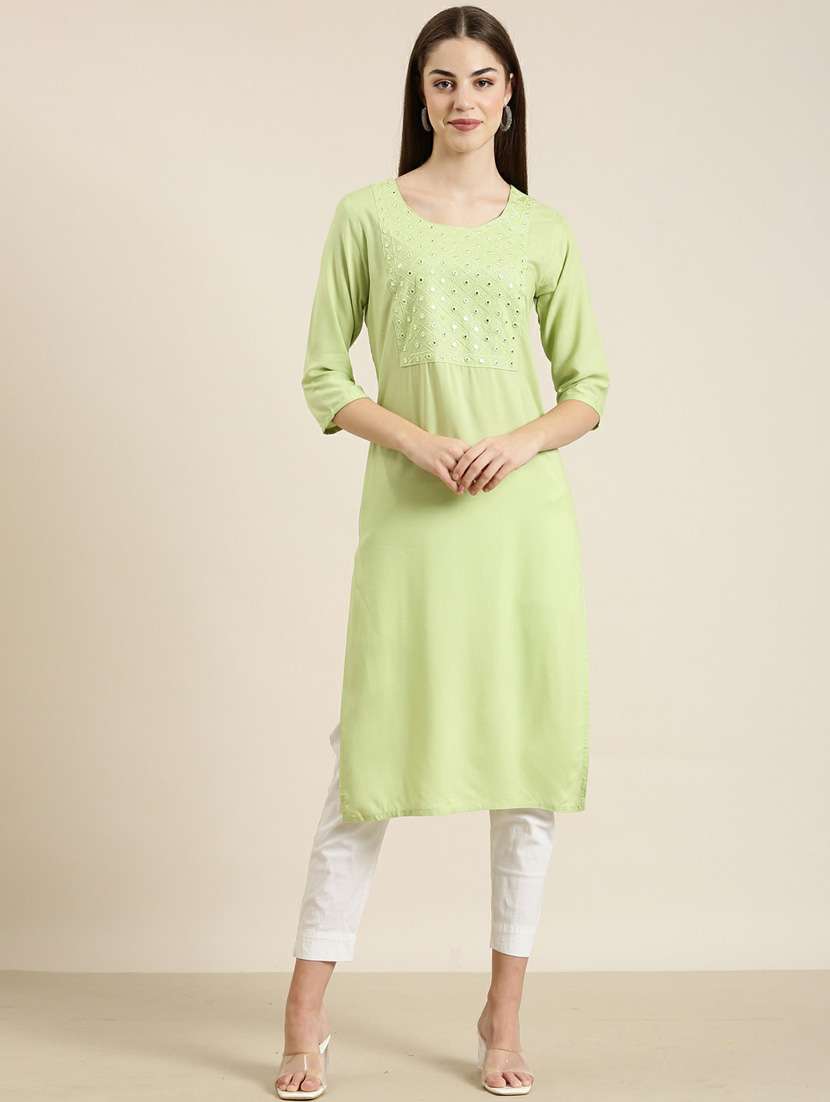 green mirror work straight kurta