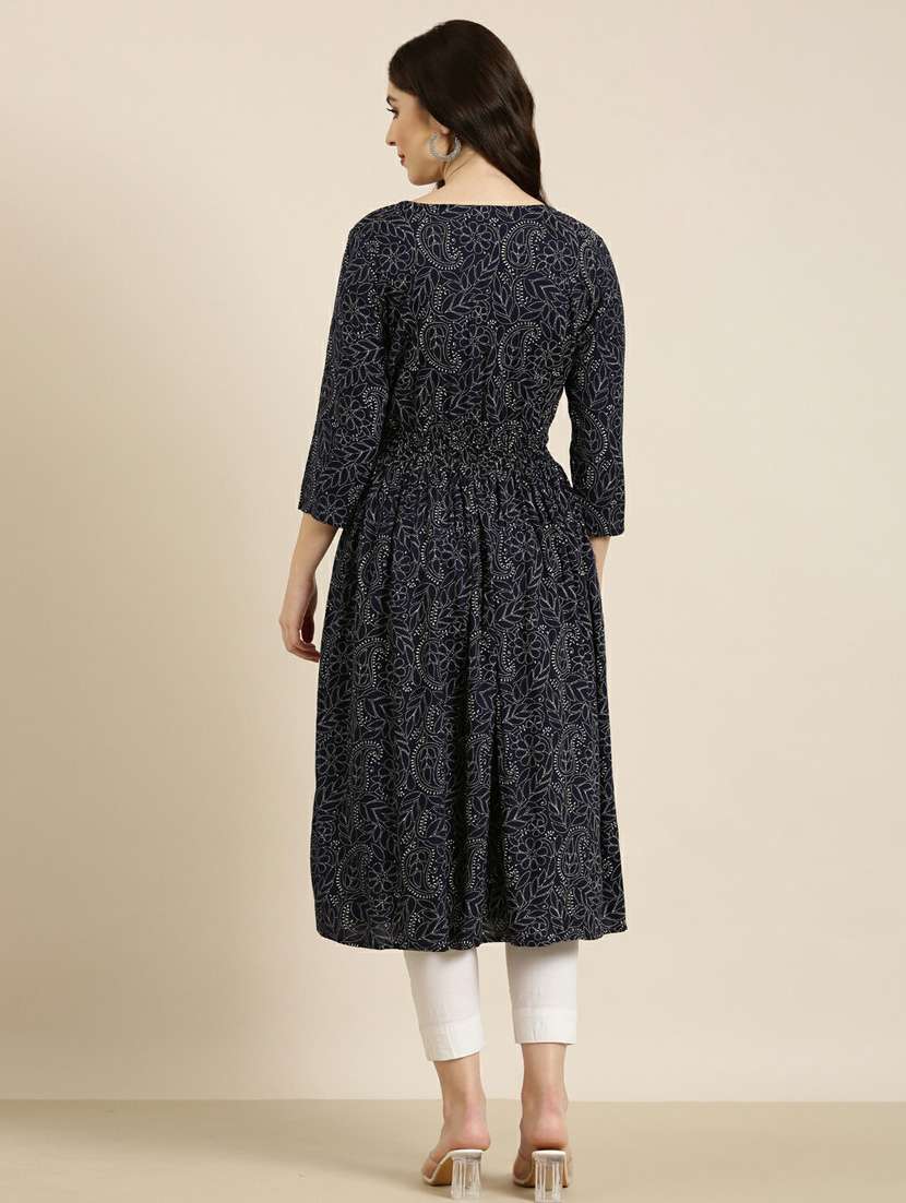 navy printed a-line kurta - 20252496 -  Standard Image - 2
