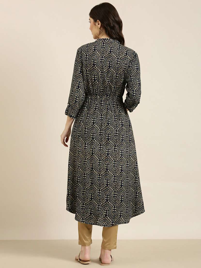 navy foil printed a-line kurta - 20252503 - Standard Image - 2