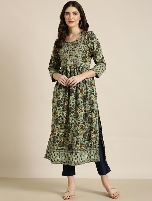women round neck floral side slit kurta - 20252517 - Standard Image - 0
