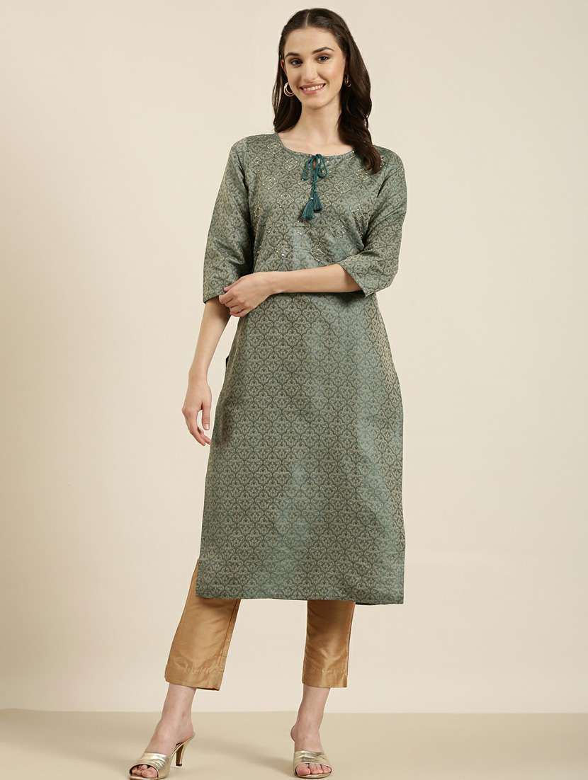 teal sequin work straight kurta