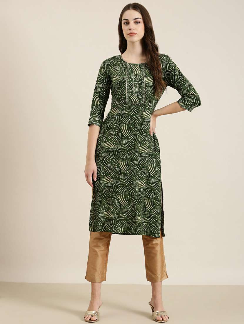 green bandhani printed straight kurta
