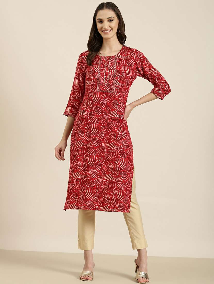 red bandhani printed straight kurta
