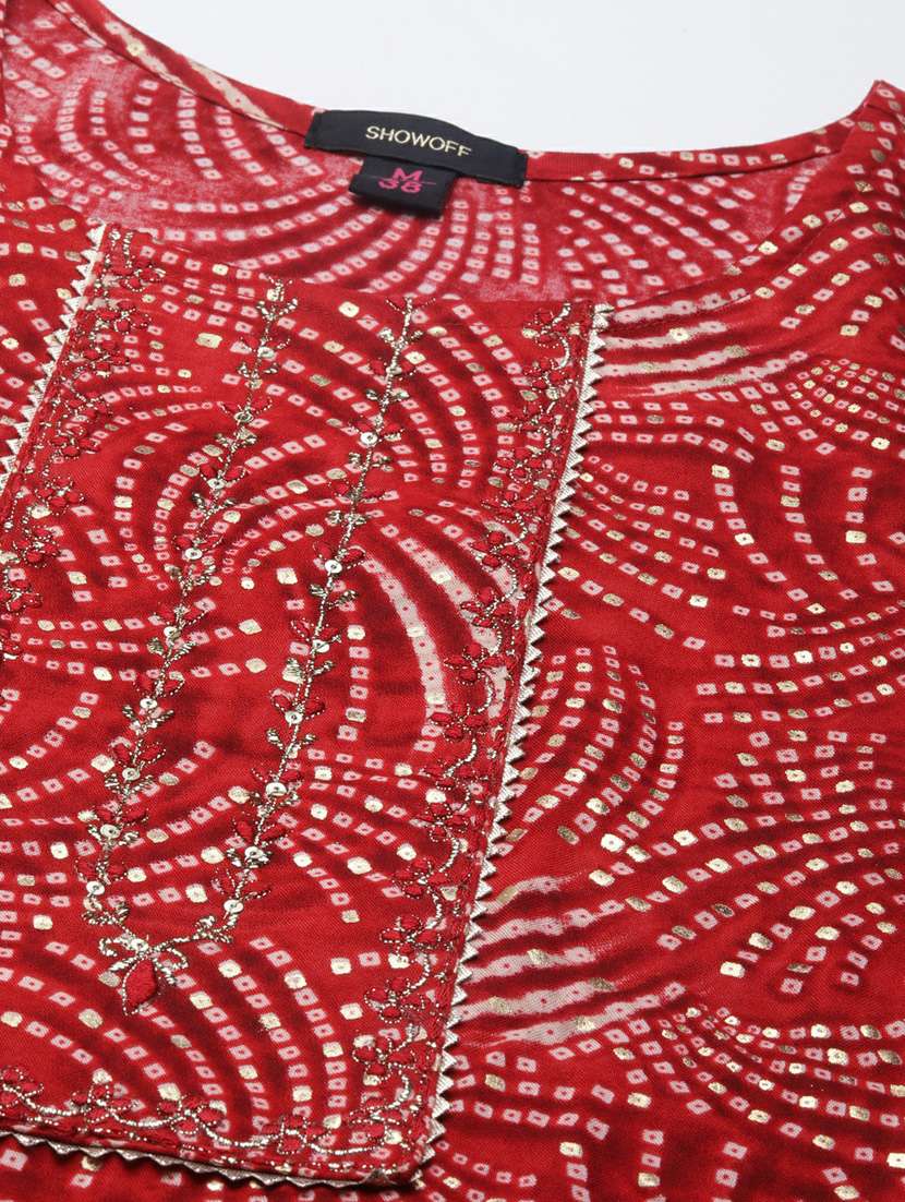 red bandhani printed straight kurta - 20252563 -  Standard Image - 7