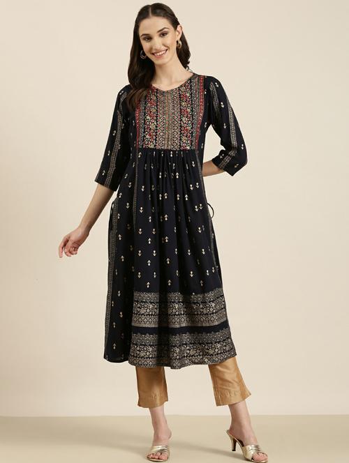 navy foil printed a-line kurta - 20252566 - Standard Image - 0