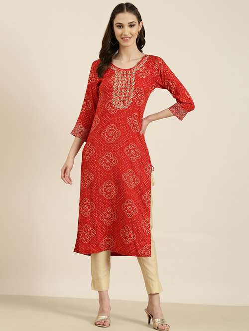red bandhani printed straight kurta - 20252570 -  Standard Image - 0