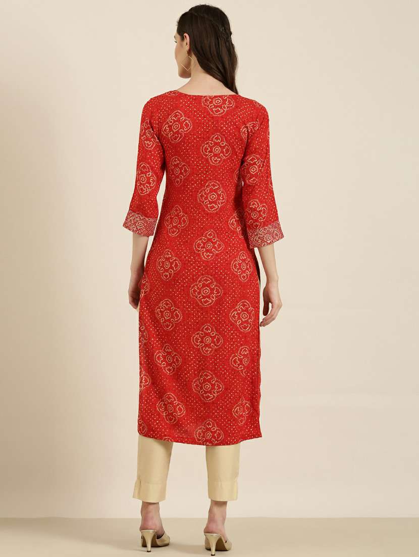 red bandhani printed straight kurta - 20252570 -  Standard Image - 2