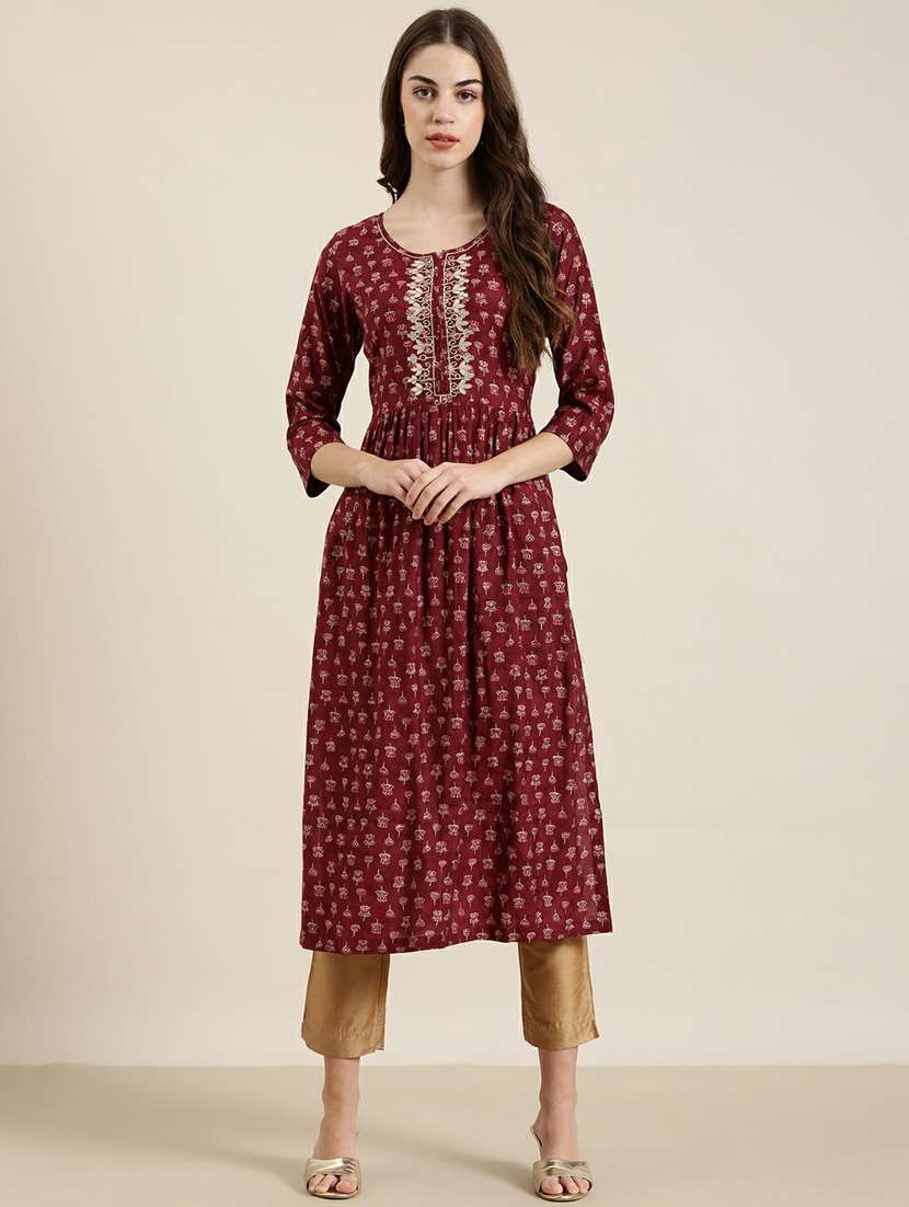 maroon floral printed a-line kurta
