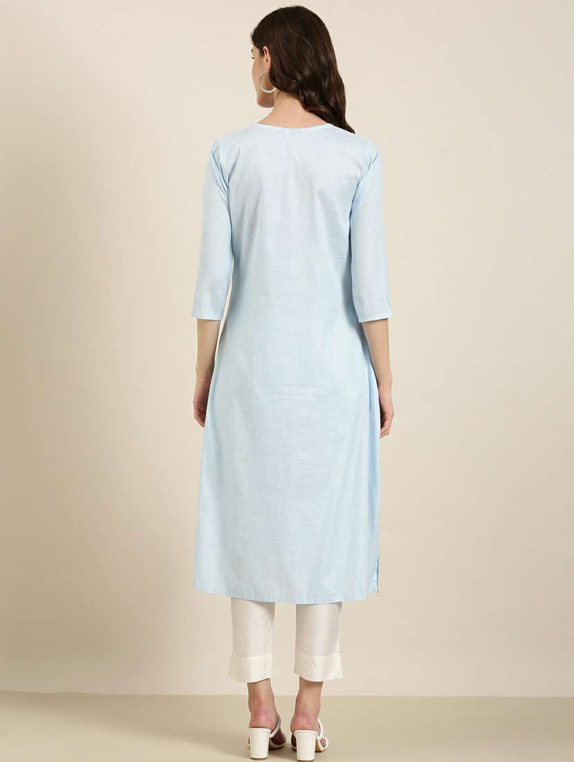 light blue cotton straight kurta - 20252575 -  Standard Image - 2