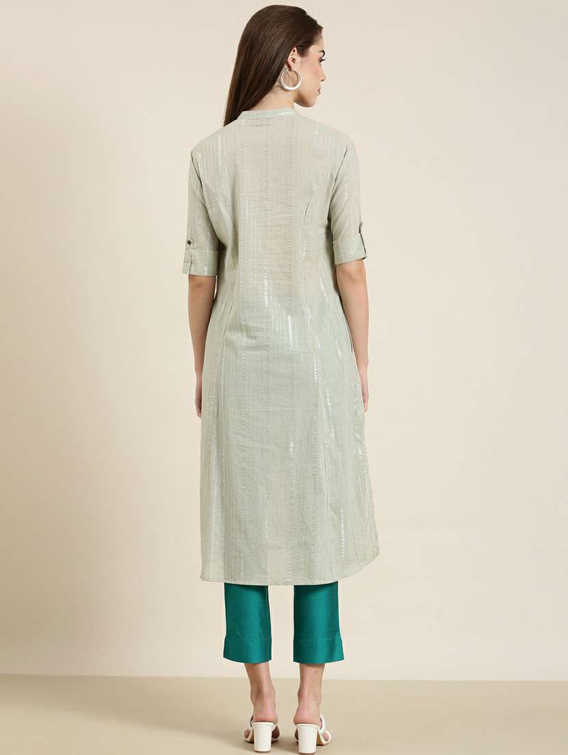 green striped front & side both slit kurta - 20252584 -  Standard Image - 2