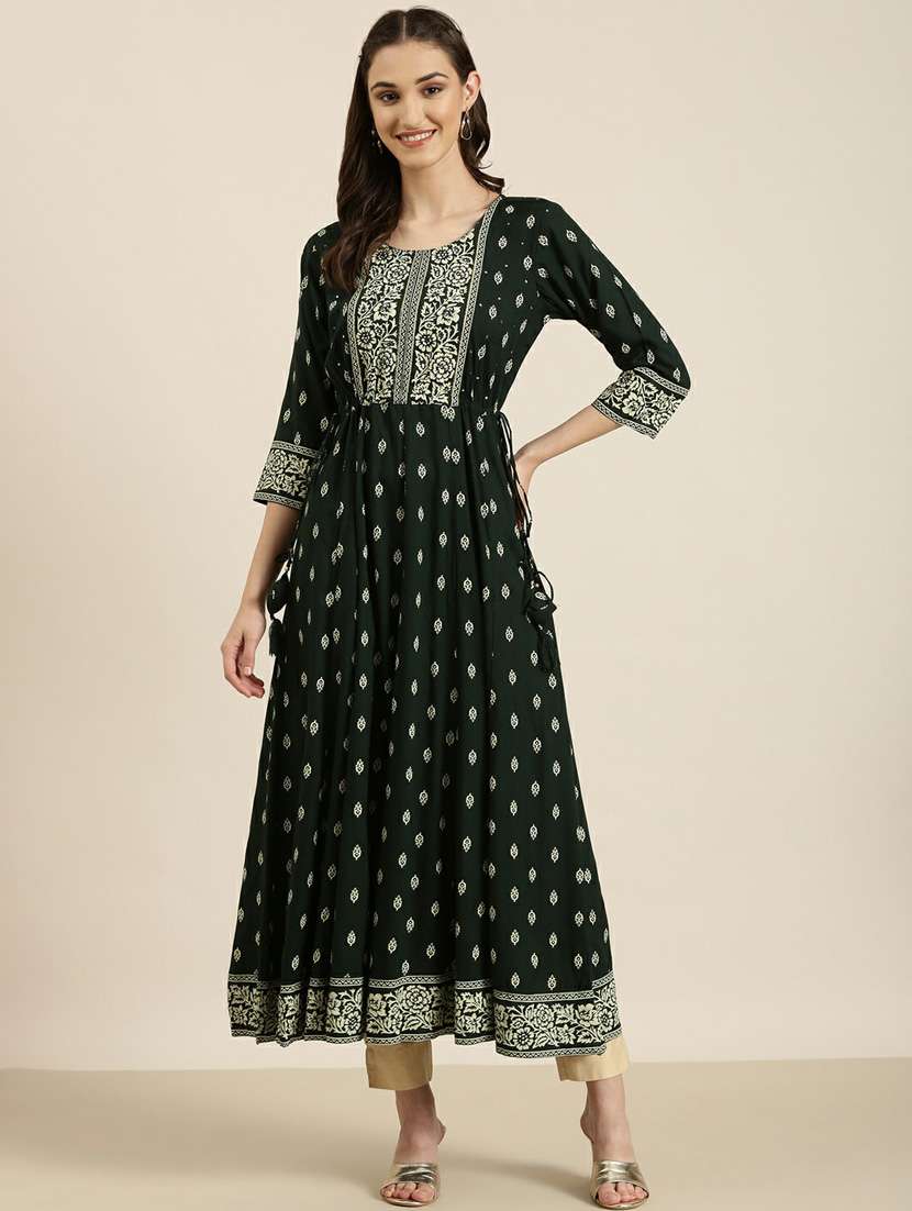 women round neck block printed flared kurta - 20252617 - Zoom Image - 0