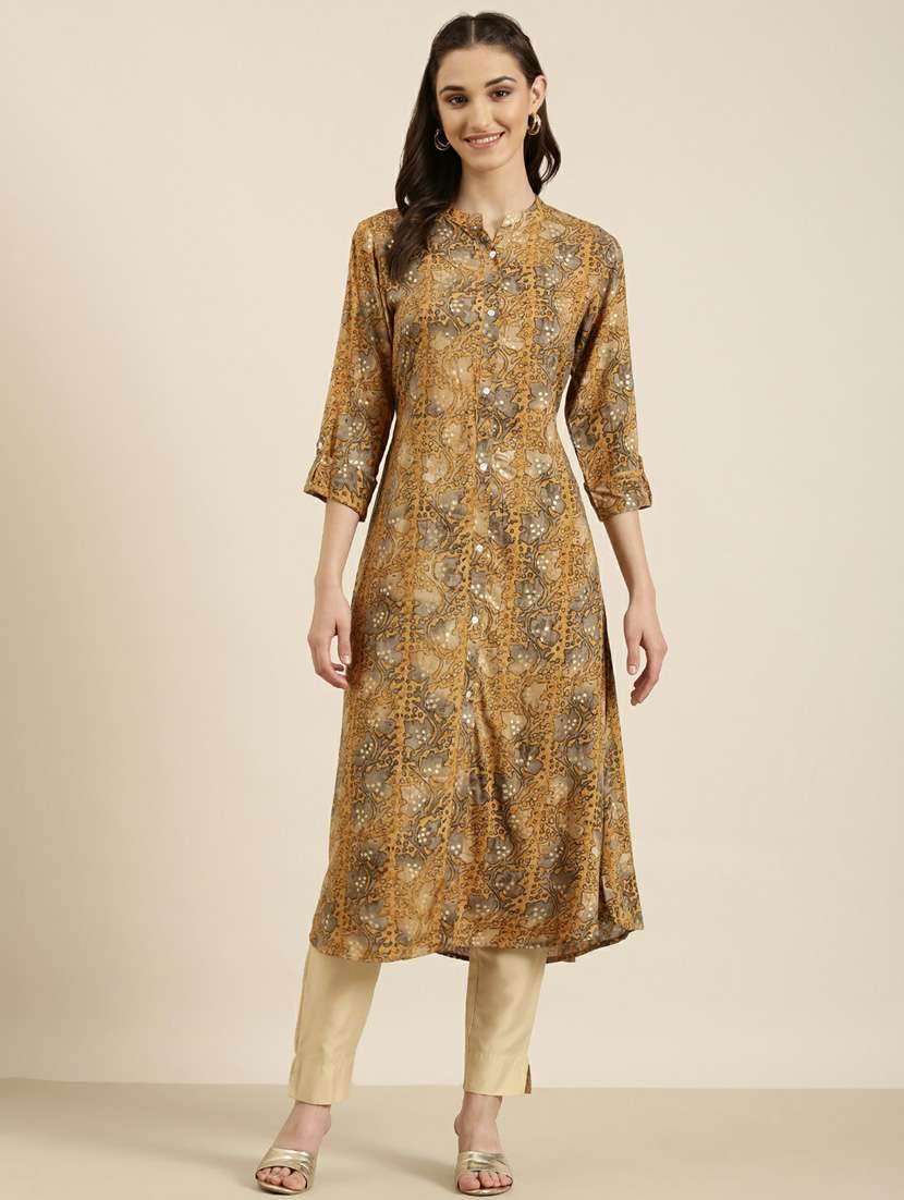 mustard floral a-line kurta