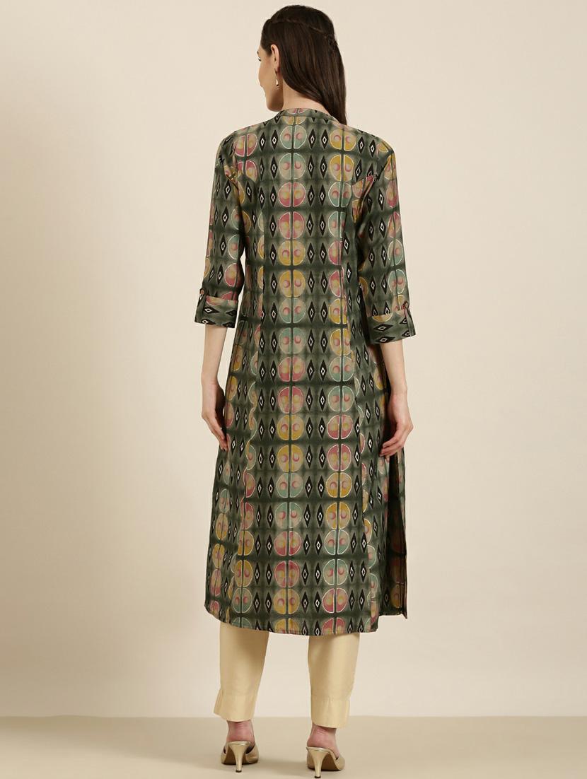 olive foil printed a-line kurta - 20252631 - Standard Image - 2