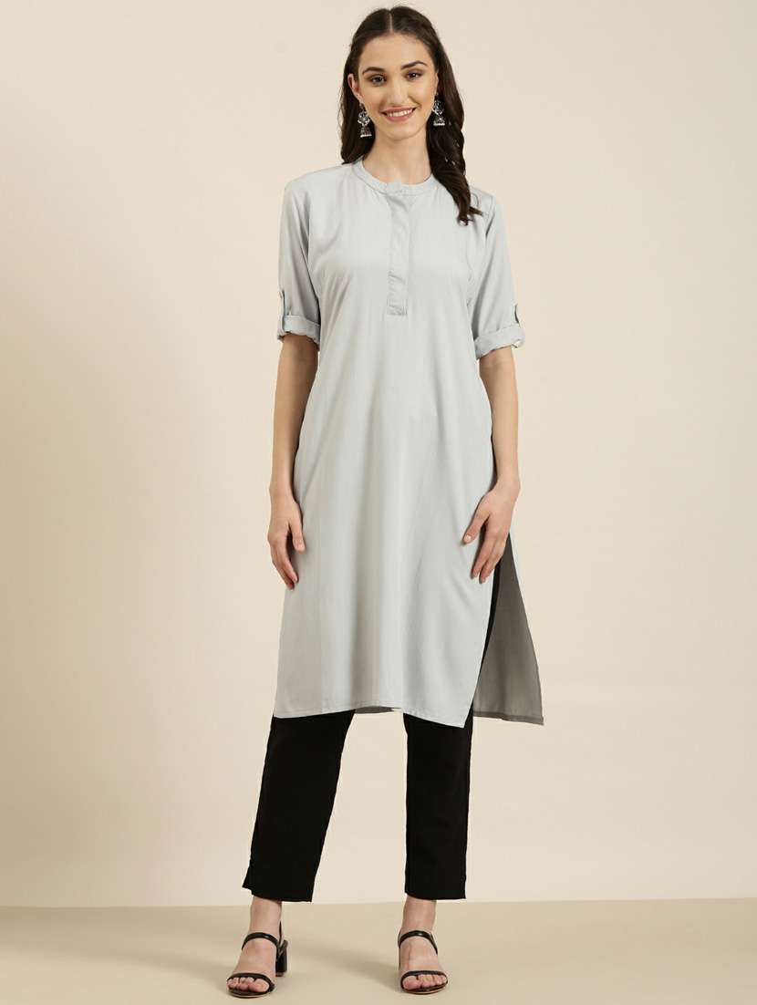 grey solid straight kurta