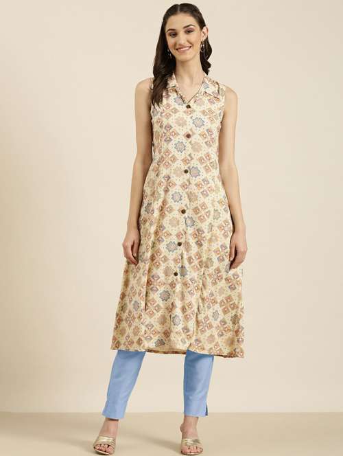 beige cotton aline kurta - 20252646 -  Standard Image - 0