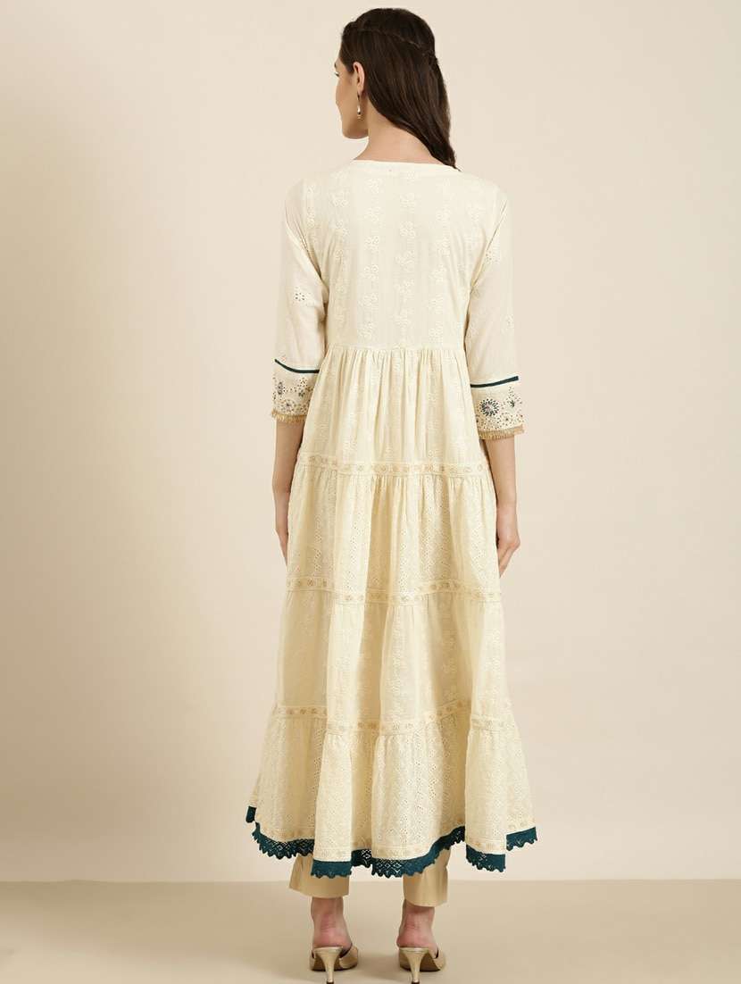 off-white embroidered tiered kurta - 20252647 -  Standard Image - 2