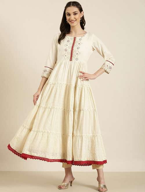 off-white embroidered tiered kurta - 20252648 -  Standard Image - 0
