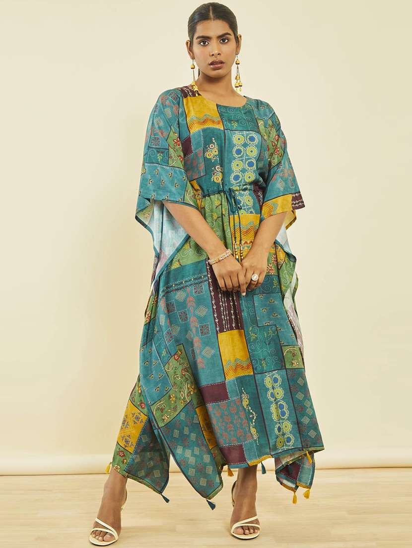 women printed round neck kaftan dress