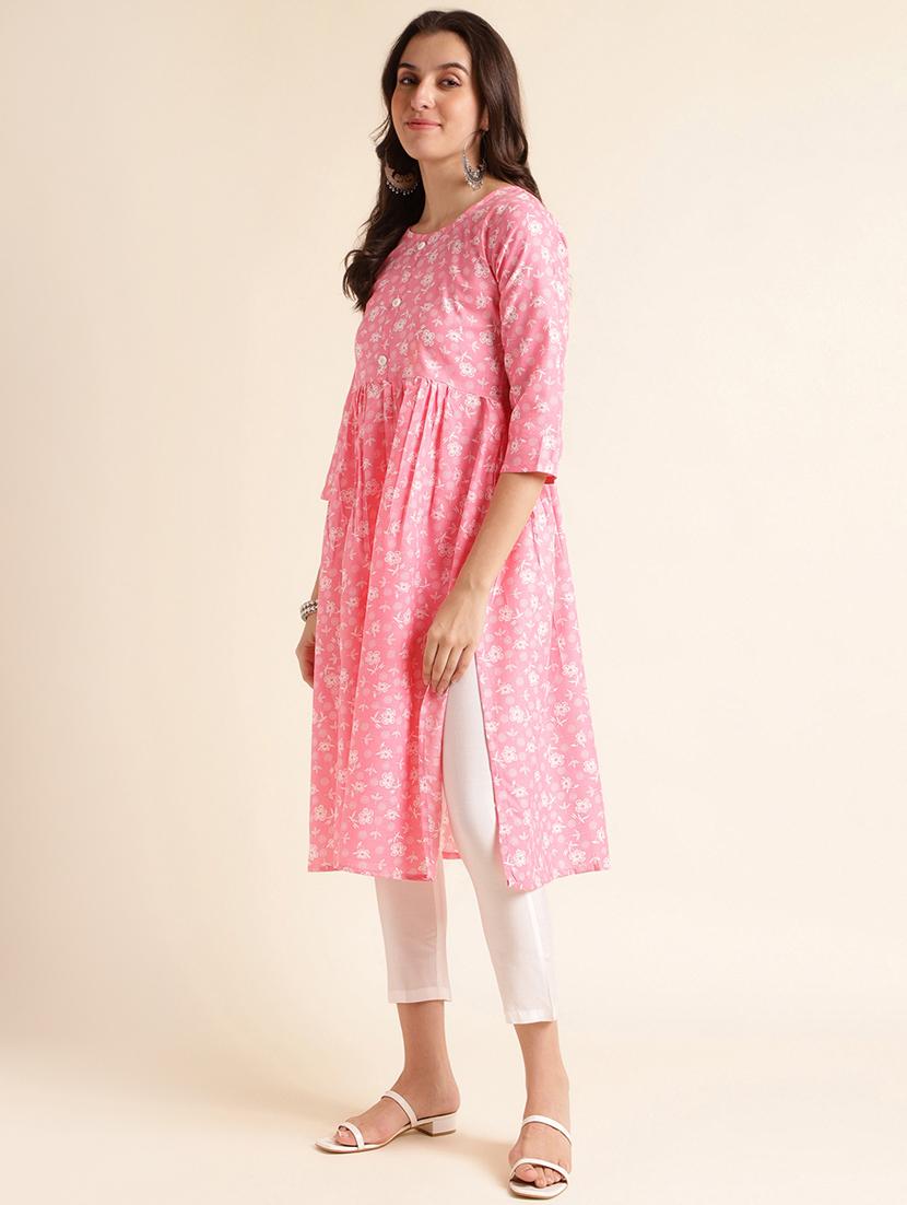women pink floral printed flared kurta - 20253122 - Standard Image - 2