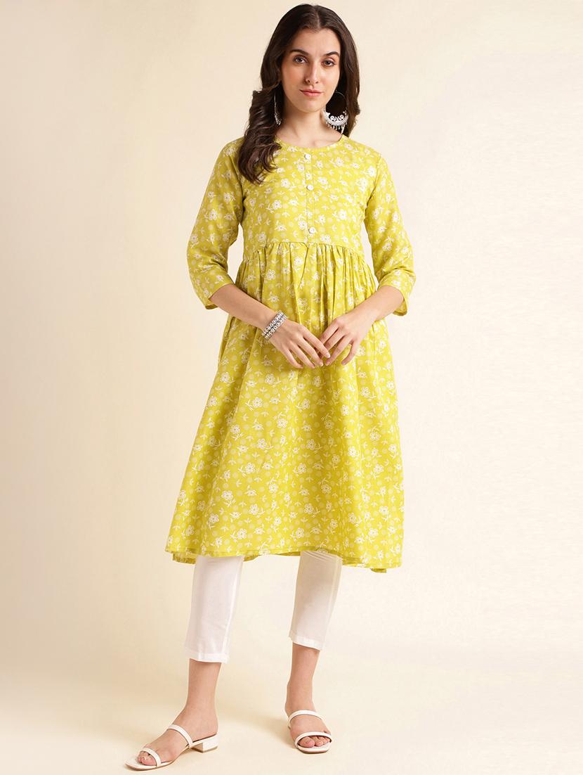 women lime floral printed flared kurta