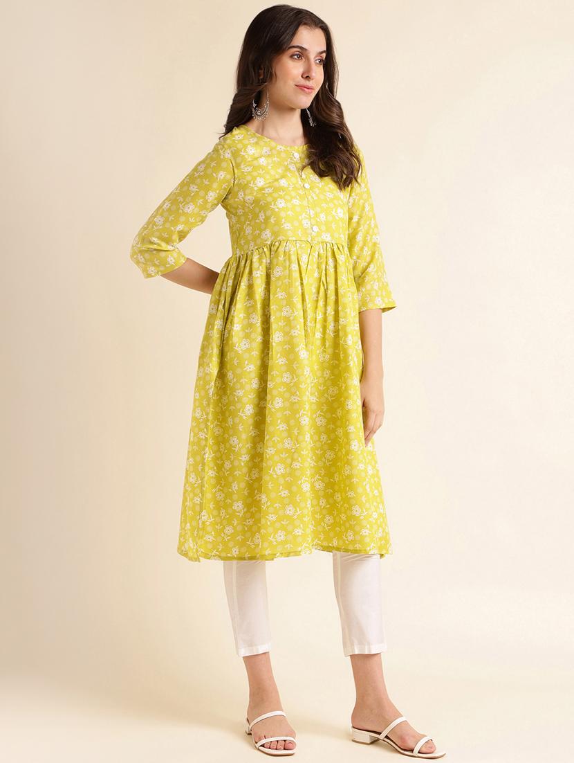 women lime floral printed flared kurta - 20253124 - Standard Image - 2