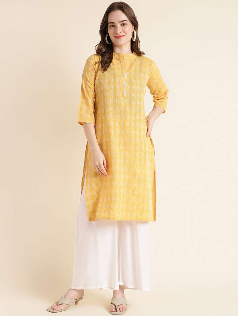 women yellow mandarin neck straight kurta