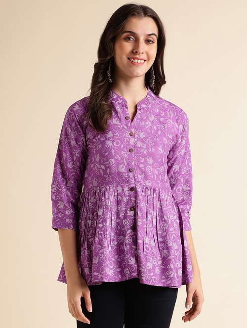 women lavender mandarin neck a-line kurti - 20253137 - Standard Image - 0