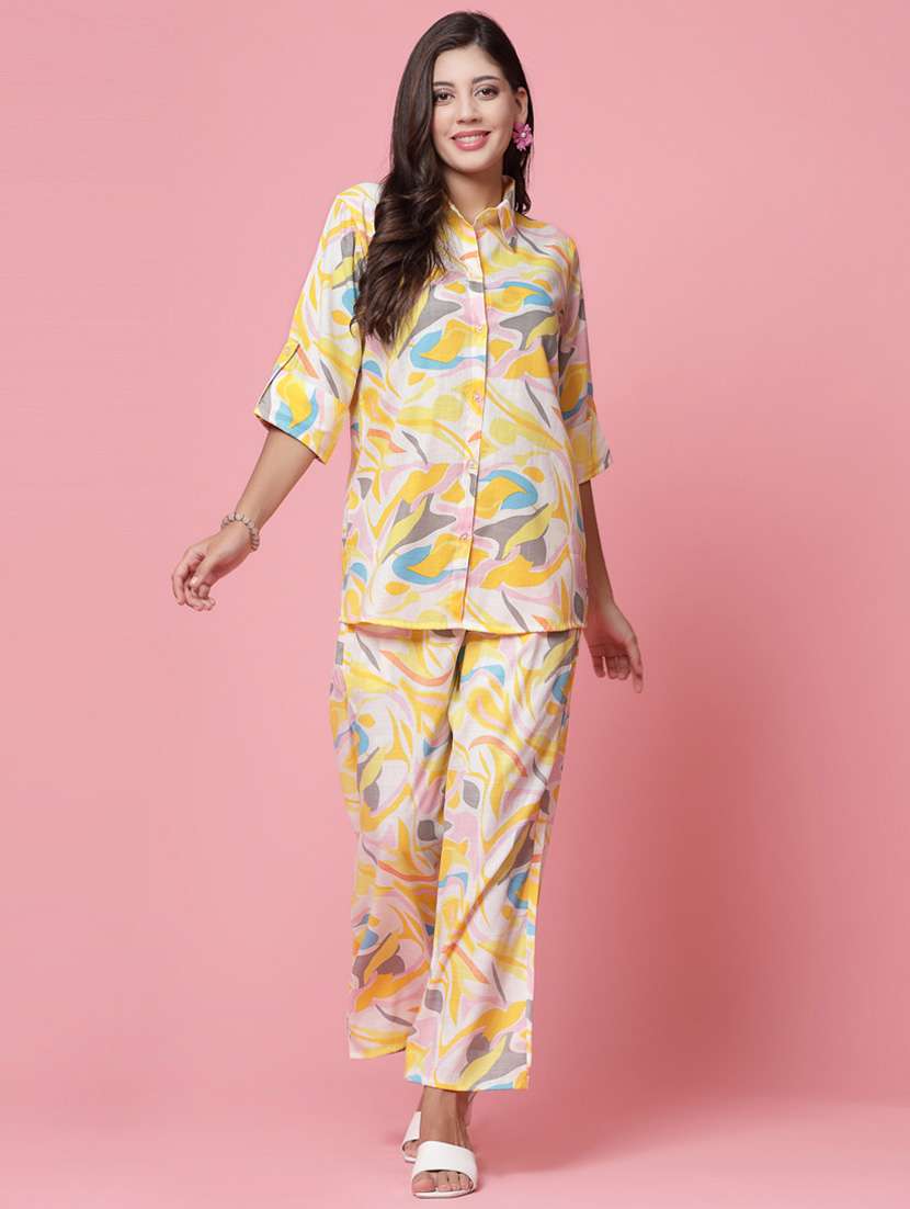 yellow abstract print top and palazzos co-ord set