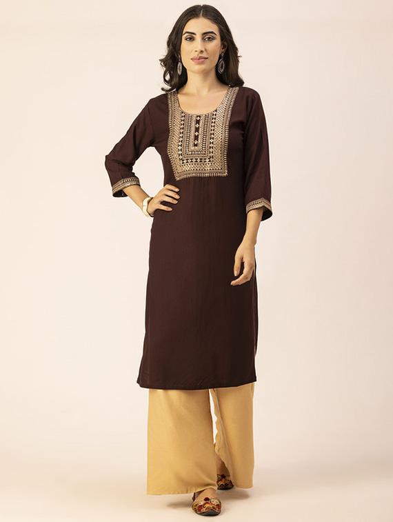 women yoke embroidered straight kurta - 20254842 -  Zoom Image - 0