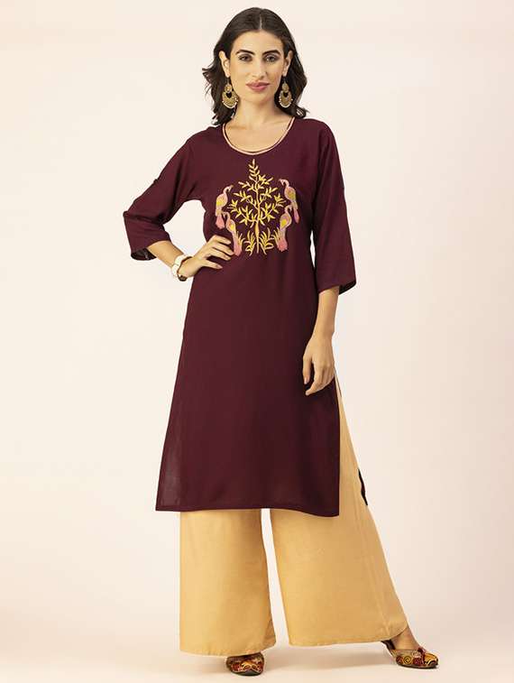 women yoke embroidered straight kurta