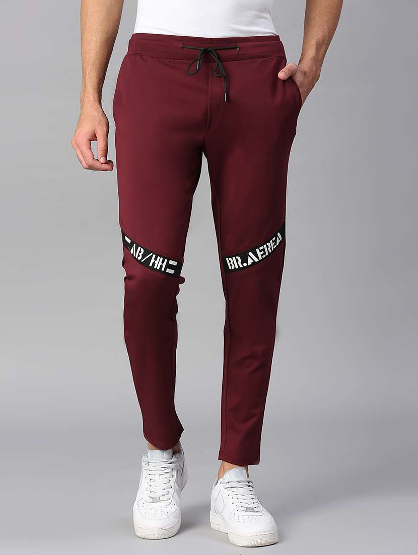 men burgundy cotton blend  full length track pant