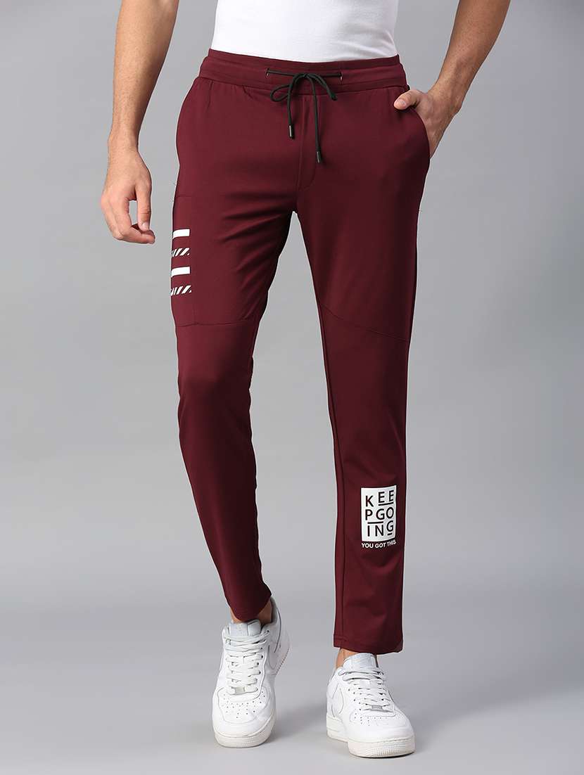 men burgundy cotton blend full length track pant